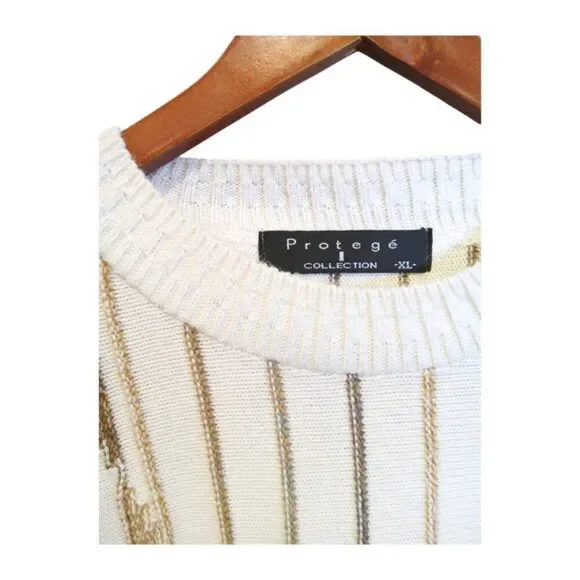 Vintage 80's Protegé Collection Men Sweater XL Cream Brown 3D Geometric Striped
